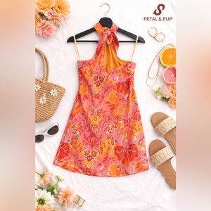 Petal & Pup Pink and Orange Floral Halter Mini Dress